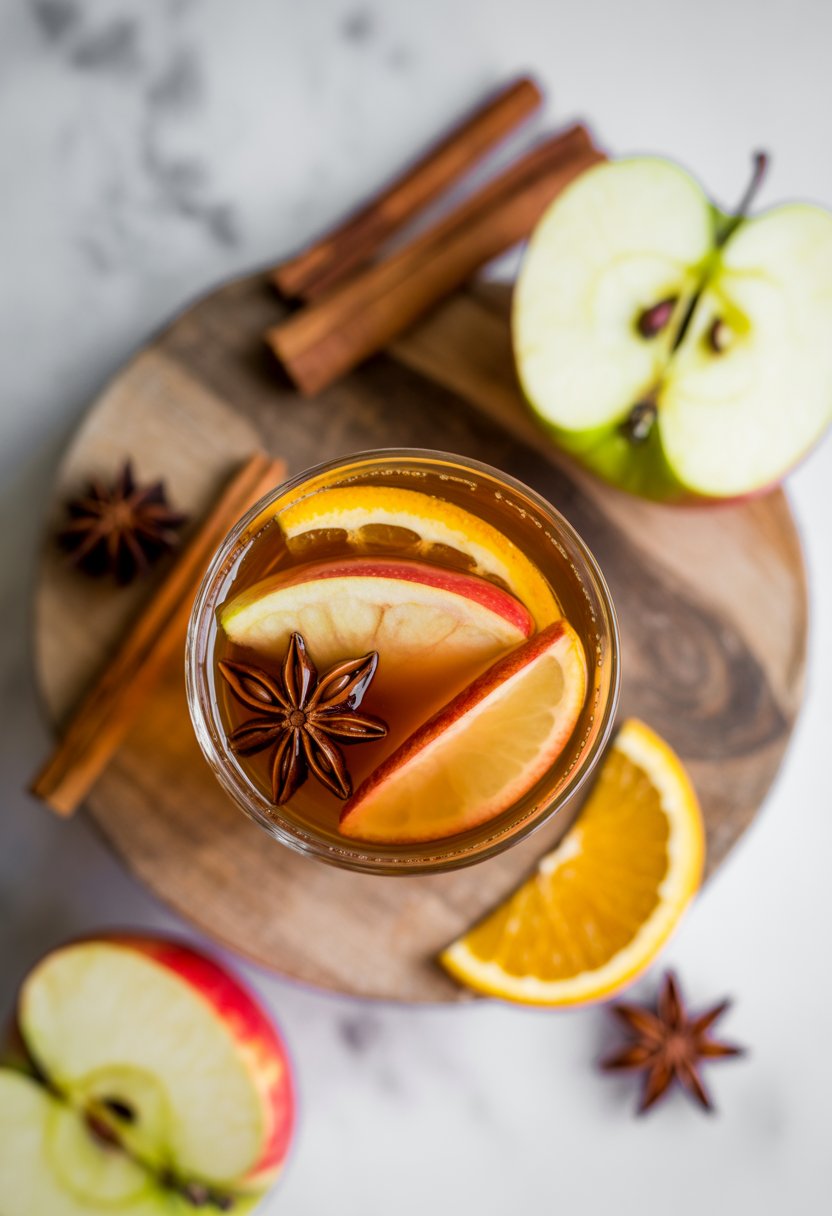 A glass of spiced apple cider with bourbon surrounded by fresh apple slices, cinnamon sticks, and star anise on a rustic surface.
