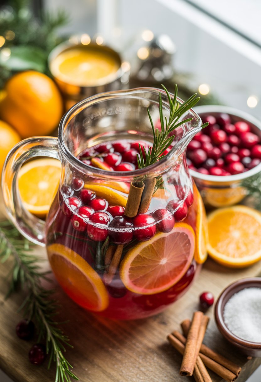 A clear glass pitcher of Christmas punch with cranberries, orange slices, and cinnamon sticks on a rustic wood surface surrounded by fresh ingredients.