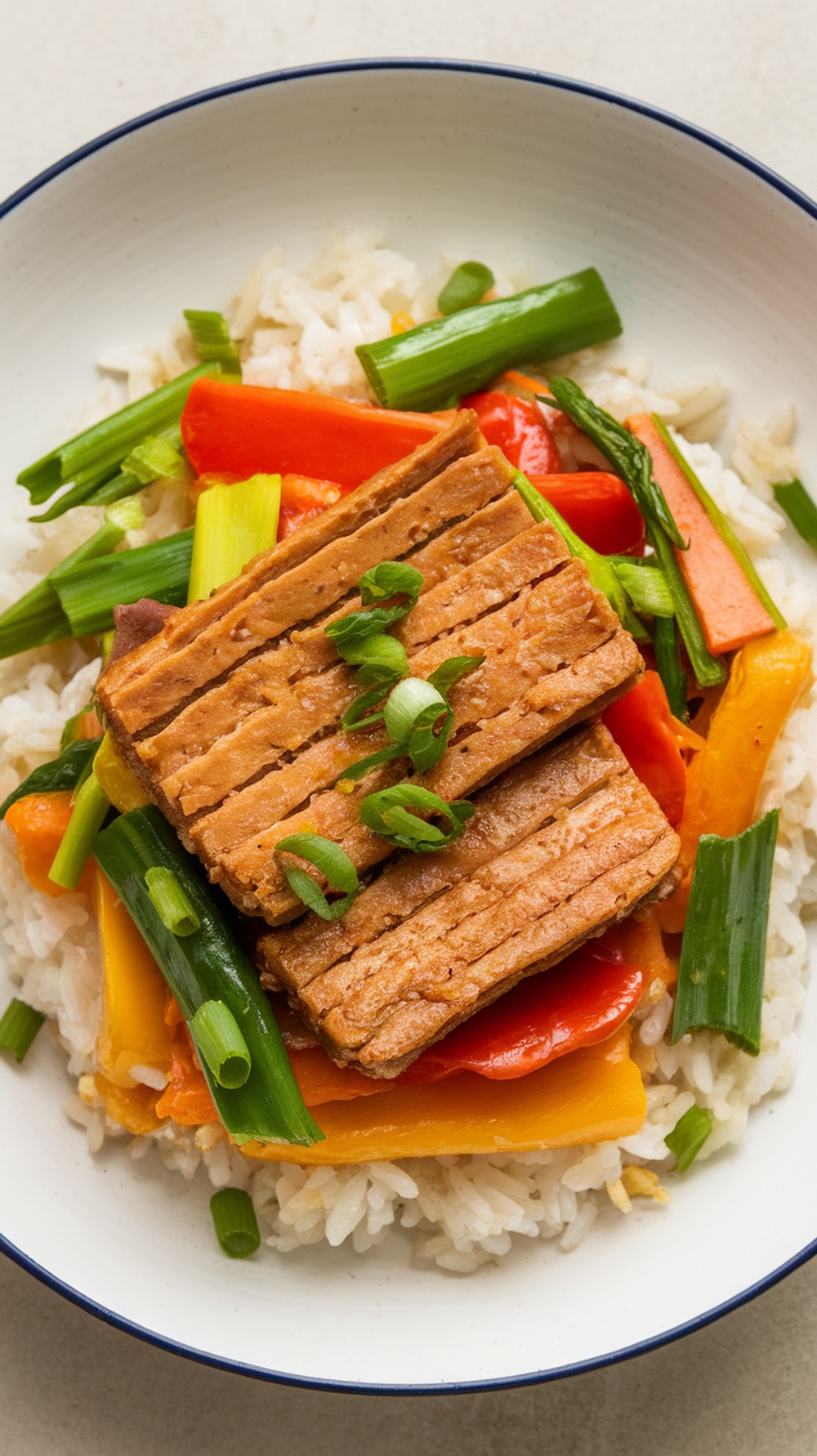 A delicious stir-fry featuring seitan, colorful vegetables, and rice.