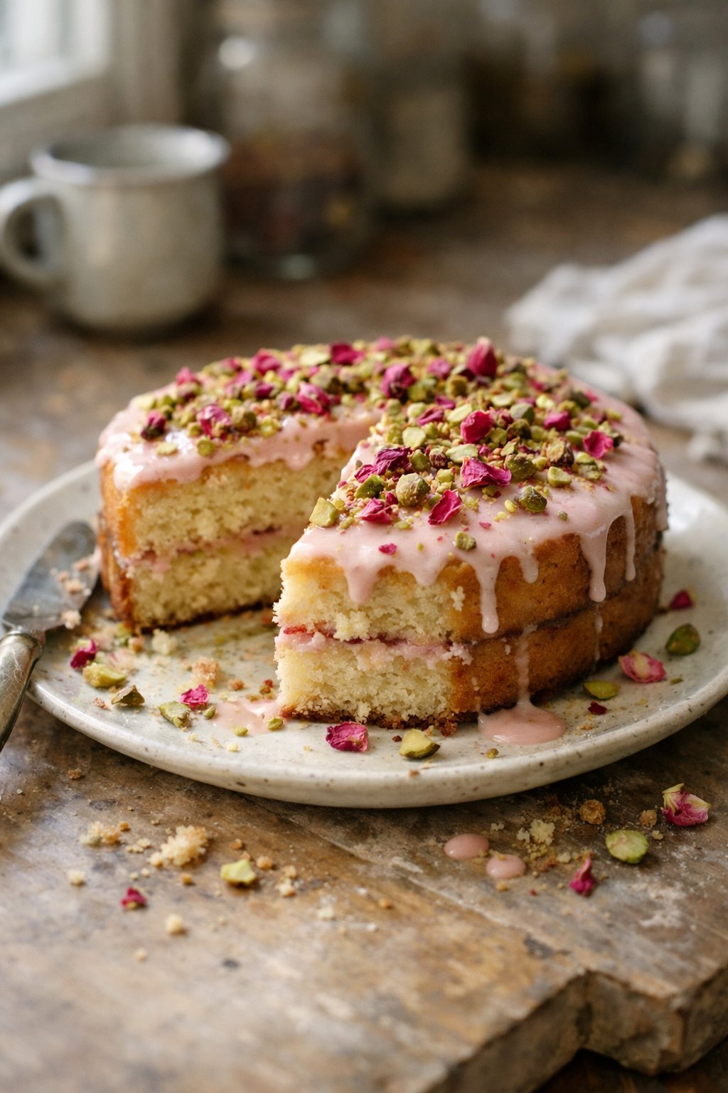 A rosewater pistachio cake on a worn wooden surface in a home kitchen, with crumbs and pistachio garnish visible, softly lit by natural window light.