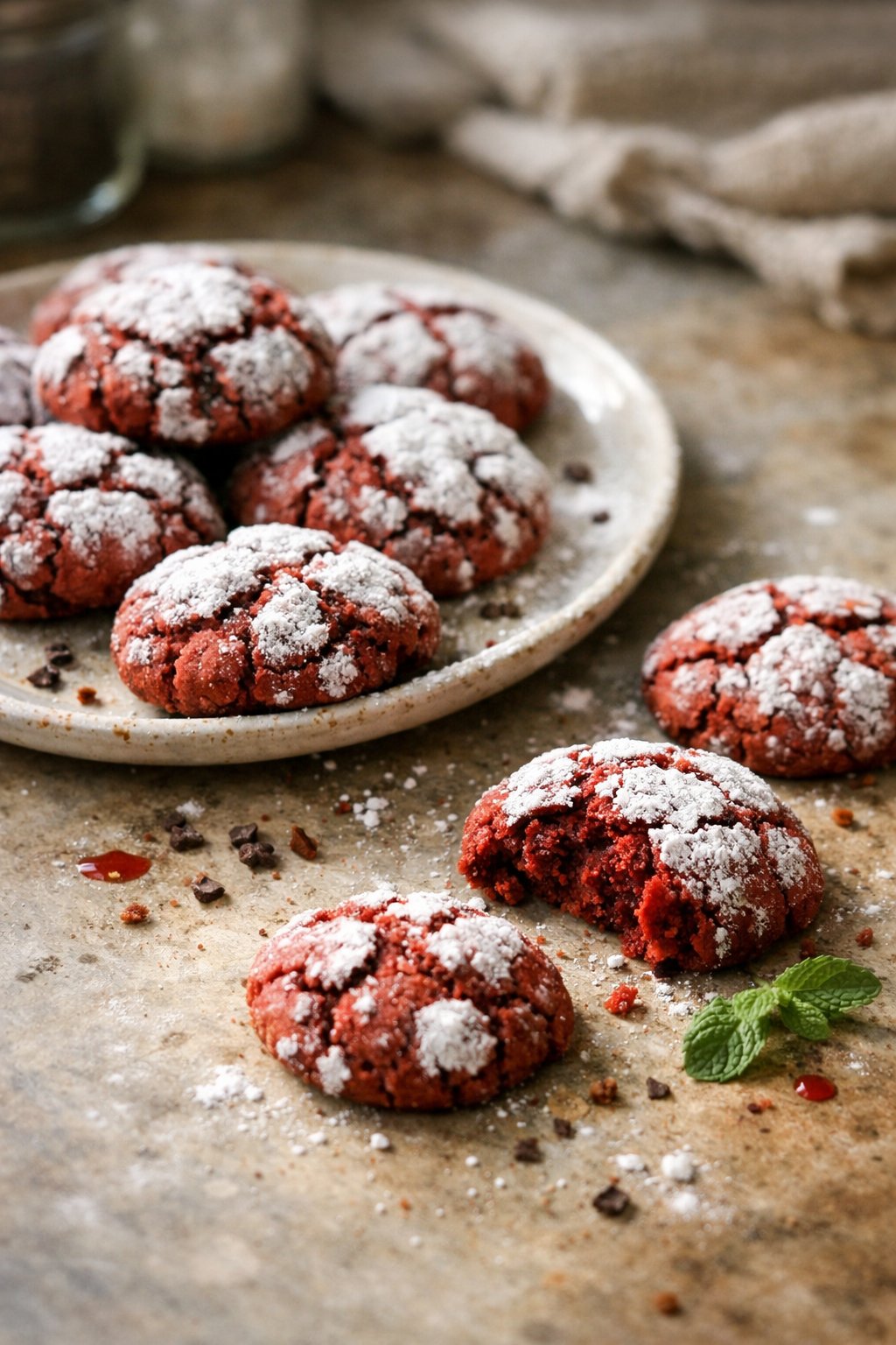 Plate of red velvet crinkle cookies on a worn wooden surface in a home kitchen with natural light and a blurred background.