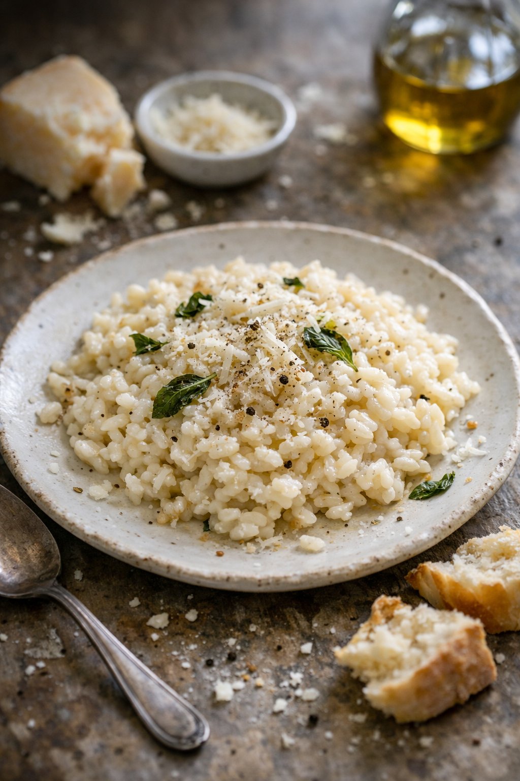 A plate of Parmesan risotto on a worn wooden or stone surface in a home kitchen with natural light coming from the side.