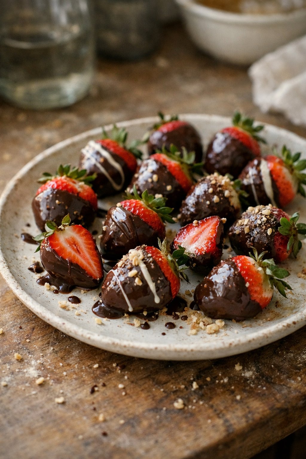 A plate of chocolate-covered strawberries on a worn wooden surface in a home kitchen, softly lit by natural window light from the side.