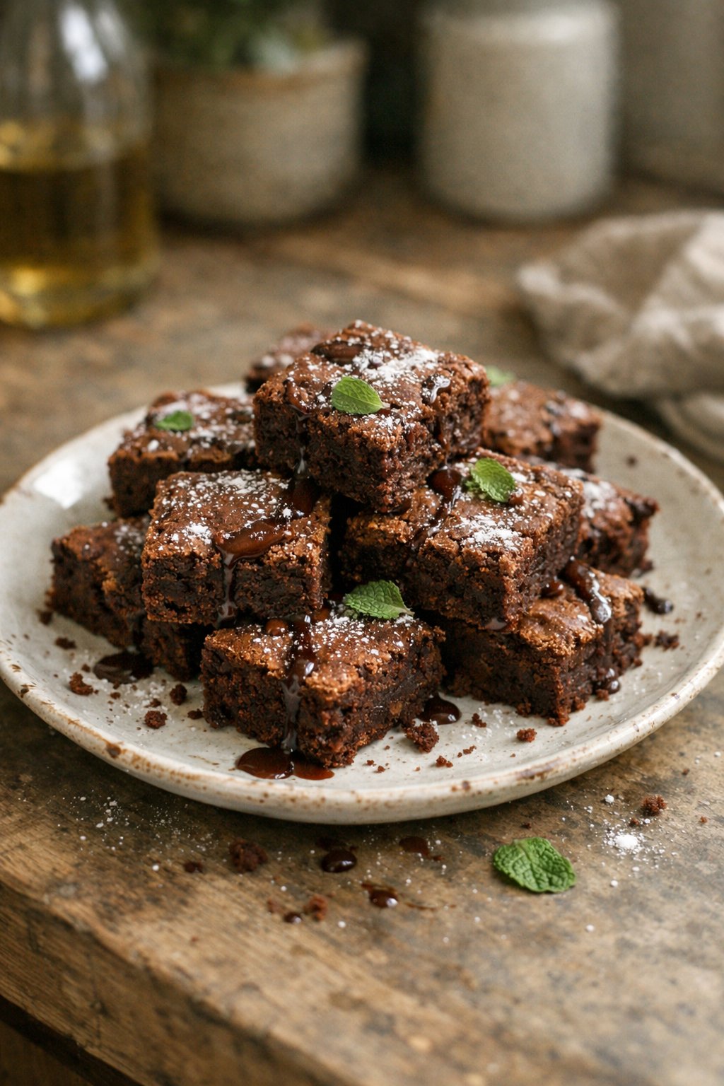 A plate of homemade brownies on a worn wooden surface in a kitchen, with crumbs and sauce drips visible.