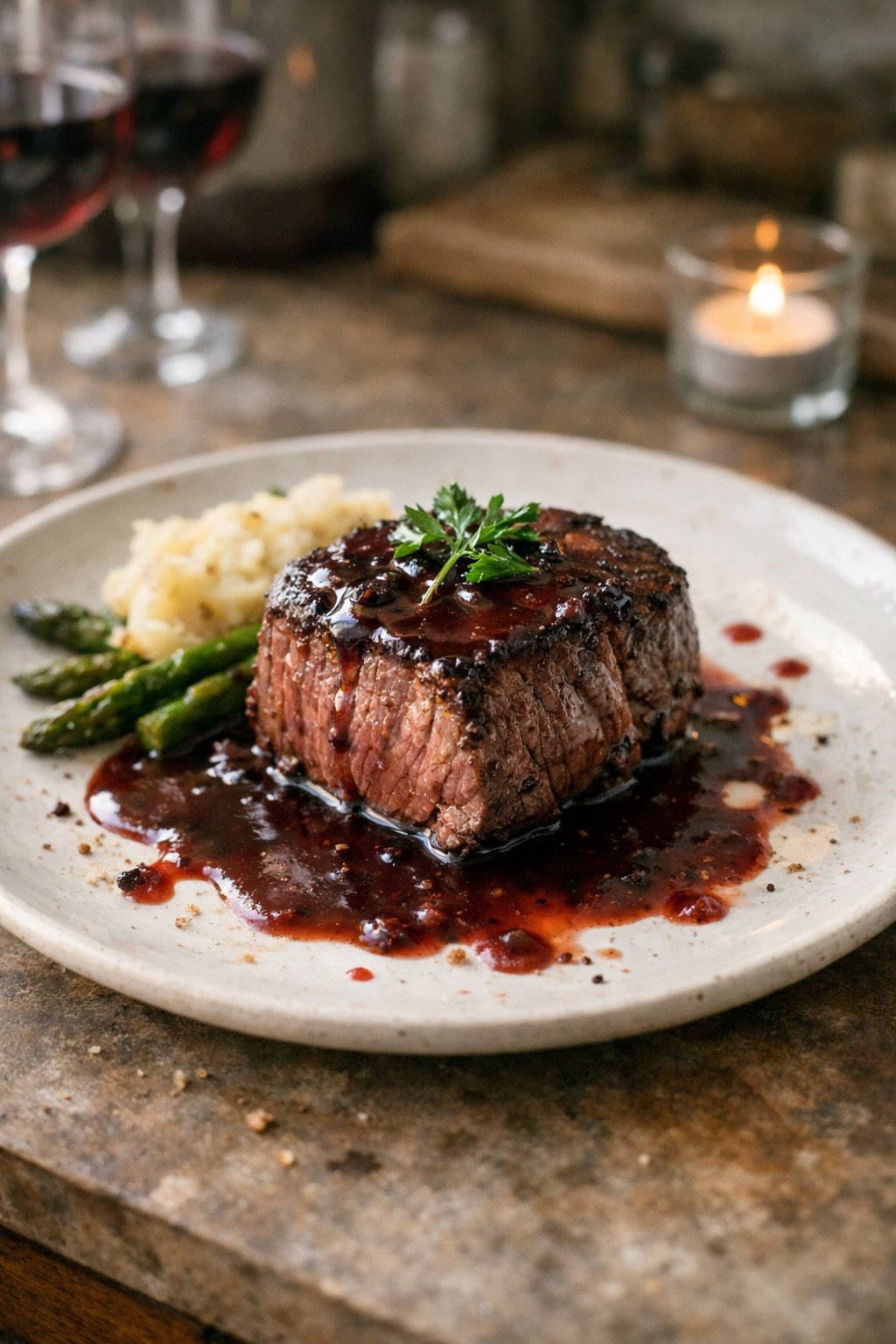 A plate of filet mignon with red wine sauce on a wooden surface in a home kitchen, with natural light and casual plating.
