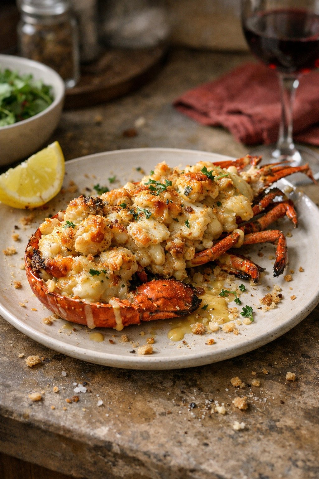 A plate of Lobster Thermidor on a worn wooden surface in a home kitchen, lit by soft window light from the side.