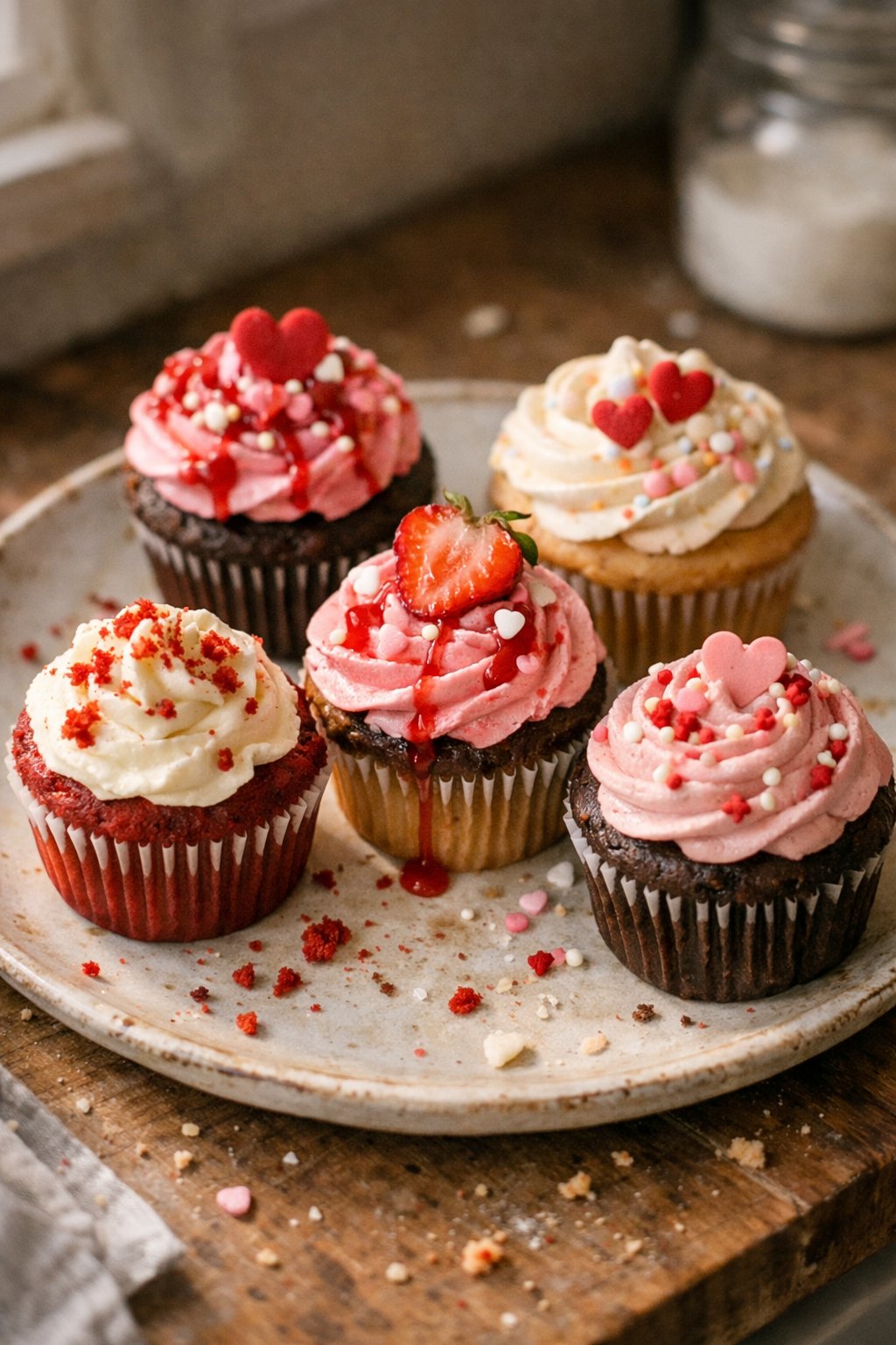 Five Valentine's Day cupcakes on a worn wooden or stone surface in a home kitchen, lit by natural window light from the side.