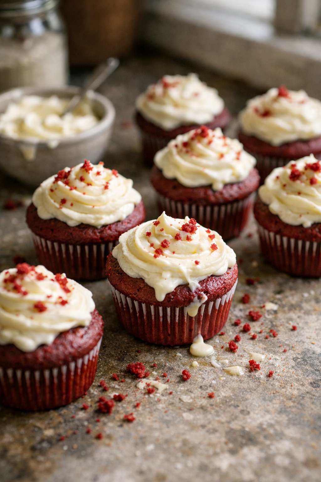 A group of red velvet cupcakes with cream cheese frosting on a worn wooden surface in a home kitchen, softly lit by natural window light from the side.