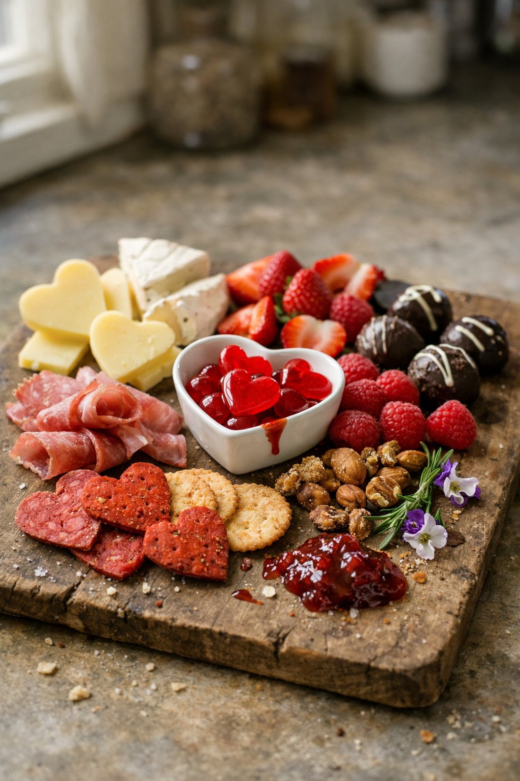 A Valentine's Day cheese and charcuterie platter with six snacks on a worn wooden surface in a home kitchen, softly lit by window light from the side.