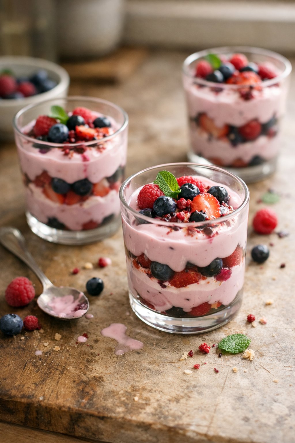 A close-up of pink yogurt and berry parfaits on a worn wooden surface in a home kitchen, with natural light and scattered crumbs.