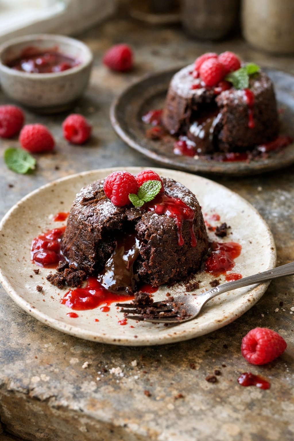 Chocolate lava cakes with raspberry sauce on a rustic wooden or stone surface in a home kitchen, with small crumbs and sauce drips visible.