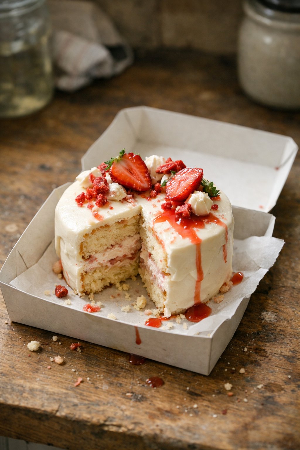 A strawberry cream cheese bento cake on a worn wooden kitchen surface with crumbs and sauce drips, softly lit by natural window light from the side.