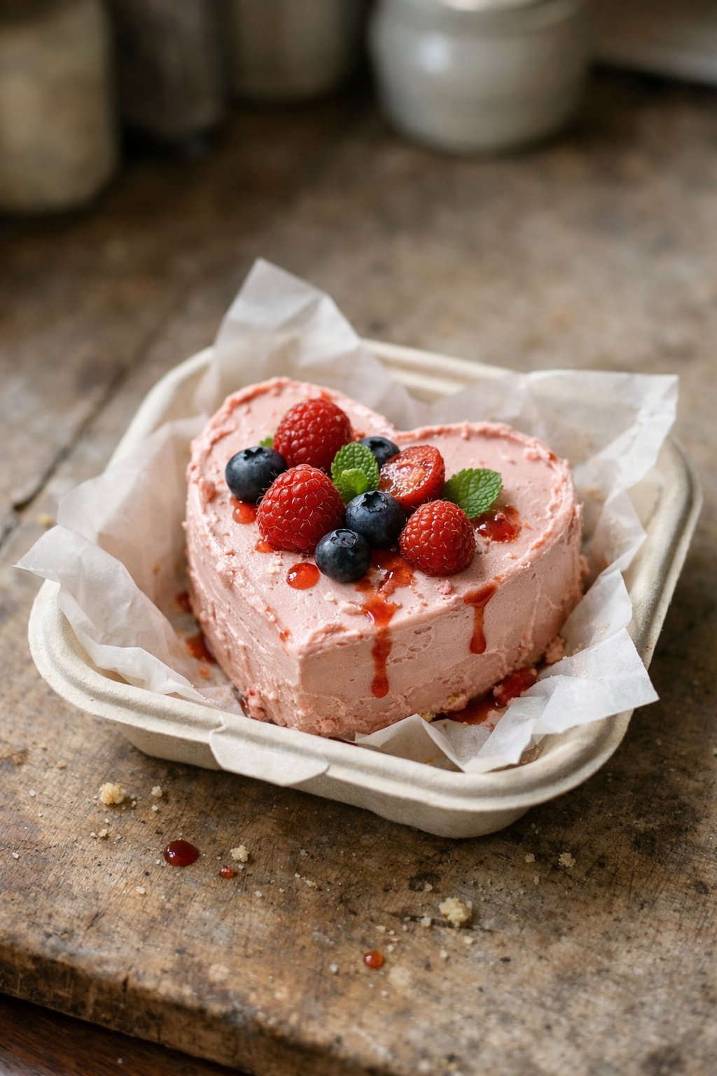A heart-shaped vintage bento cake on a worn kitchen surface with natural light from a window, showing small imperfections and casual plating in a home kitchen.