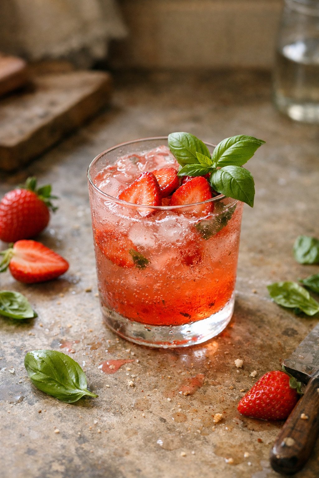 A glass of Strawberry Basil Gin Fizz cocktail on a worn wooden countertop with fresh strawberries and basil leaves around it in a home kitchen.