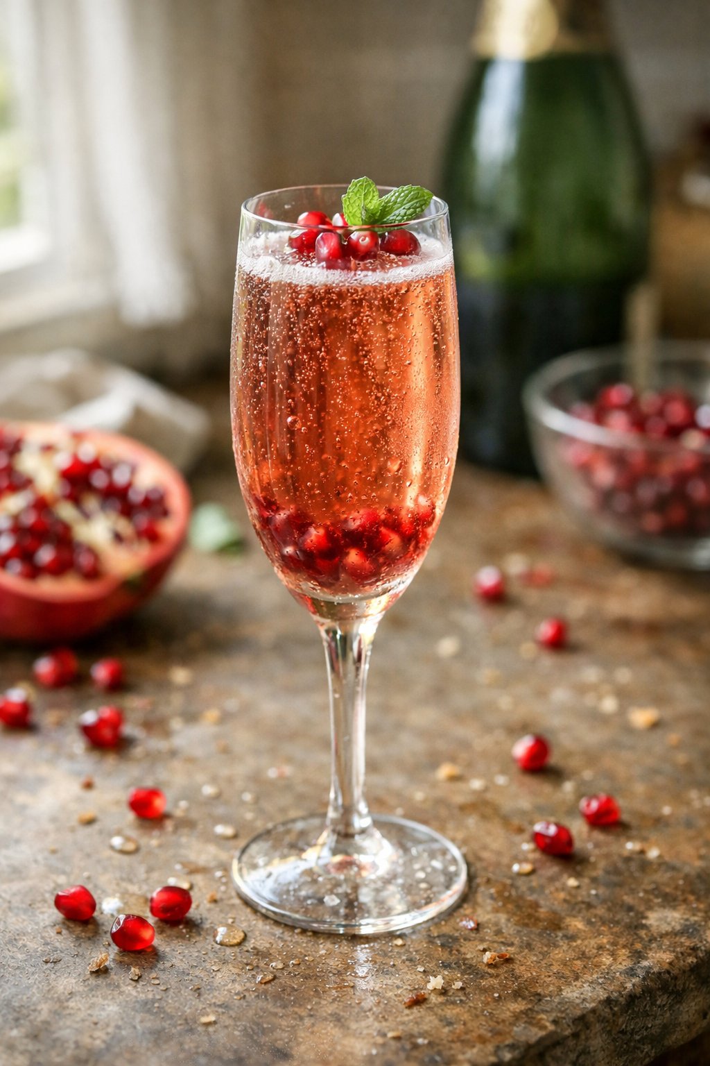 A glass of pomegranate champagne cocktail on a worn wooden surface in a home kitchen, with scattered pomegranate seeds and a small mint garnish.