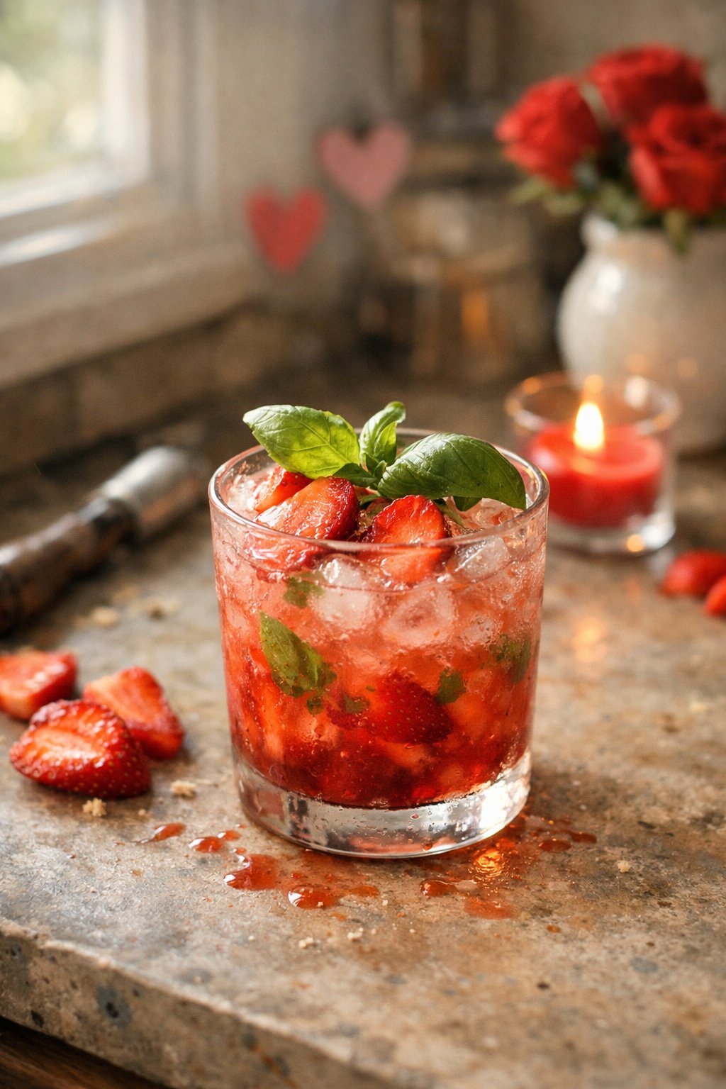 A homemade Strawberry Basil Smash cocktail on a worn wooden surface in a kitchen, garnished with fresh basil and sliced strawberries, with small crumbs and sauce drips nearby.