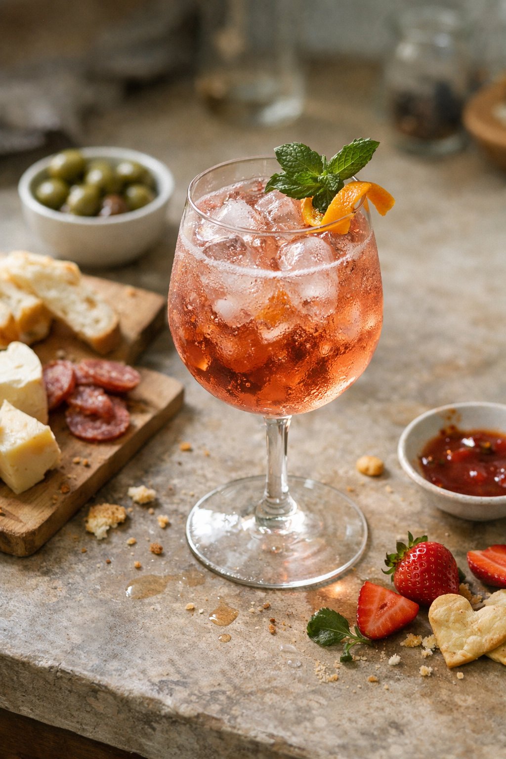 A Rosé Spritz cocktail and snacks casually arranged on a worn wooden surface in a home kitchen, with natural light coming from the side.