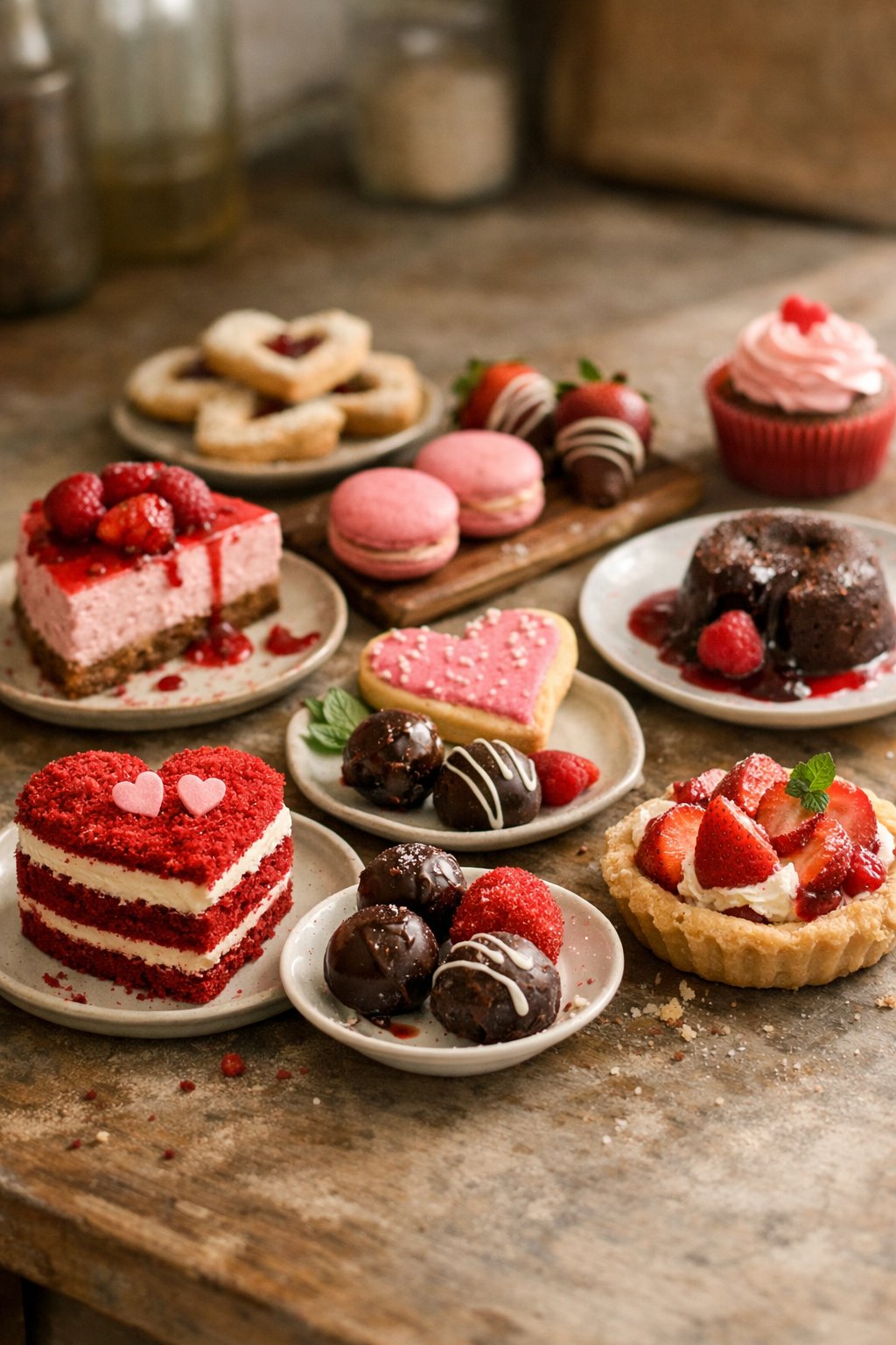 Nine different Valentine's Day desserts arranged on a worn wooden surface in a home kitchen with soft side lighting and a blurred background.
