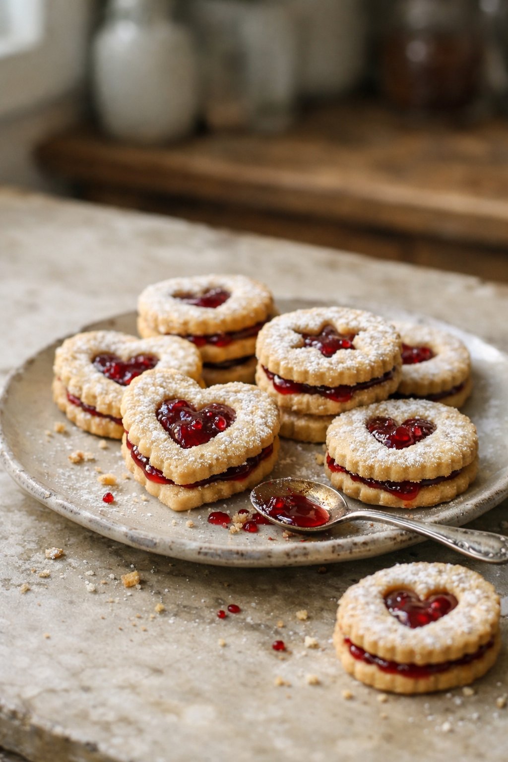 A plate of Linzer cookies filled with raspberry jam on a worn wooden surface in a home kitchen, with natural light coming from the side.