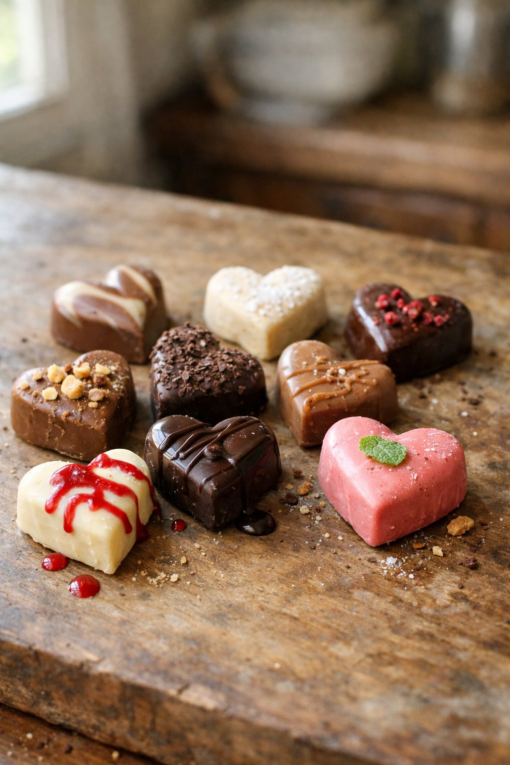 A plate of eight heart-shaped Belgian chocolate truffles on a worn wooden surface in a home kitchen, softly lit by natural window light from the side.