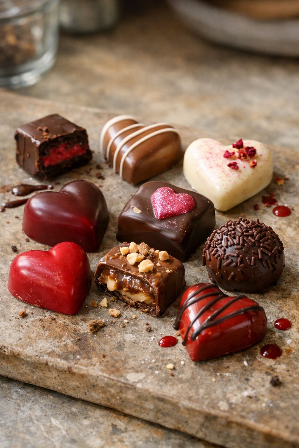 A plate with eight assorted Valentine's Day chocolates on a rustic wooden surface in a home kitchen, softly lit by window light from the side.