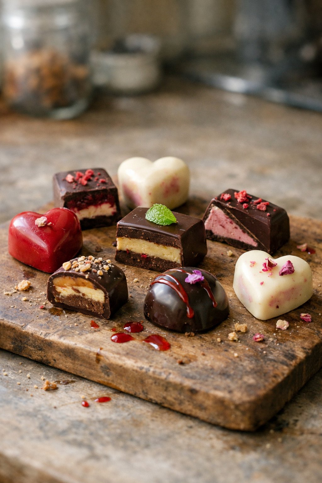 A plate of eight assorted Valentine's Day chocolates on a worn wooden surface in a home kitchen with natural side light.