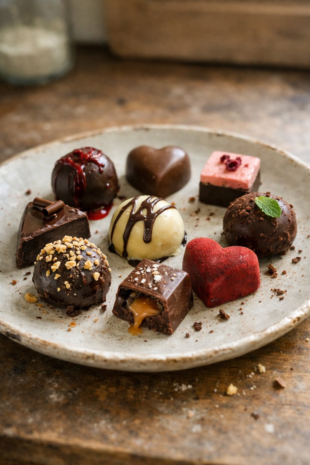 A plate with eight assorted Valentine's Day chocolates on a worn wooden surface in a home kitchen, softly lit by natural window light from the side.