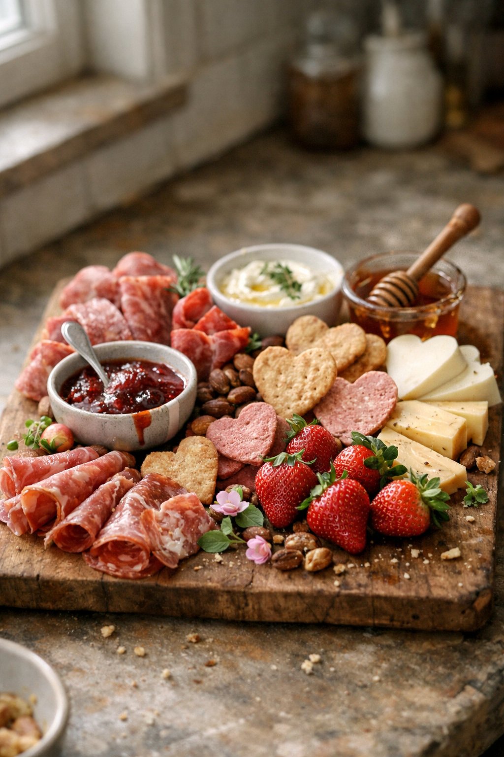A Valentine's Day charcuterie board with meats, cheeses, strawberries, crackers, nuts, and dips on a wooden surface in a home kitchen.