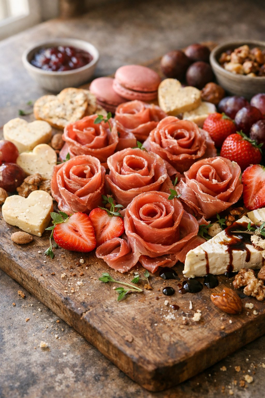A close-up of prosciutto roses on a rustic wooden surface in a home kitchen, with natural light and small food imperfections visible.