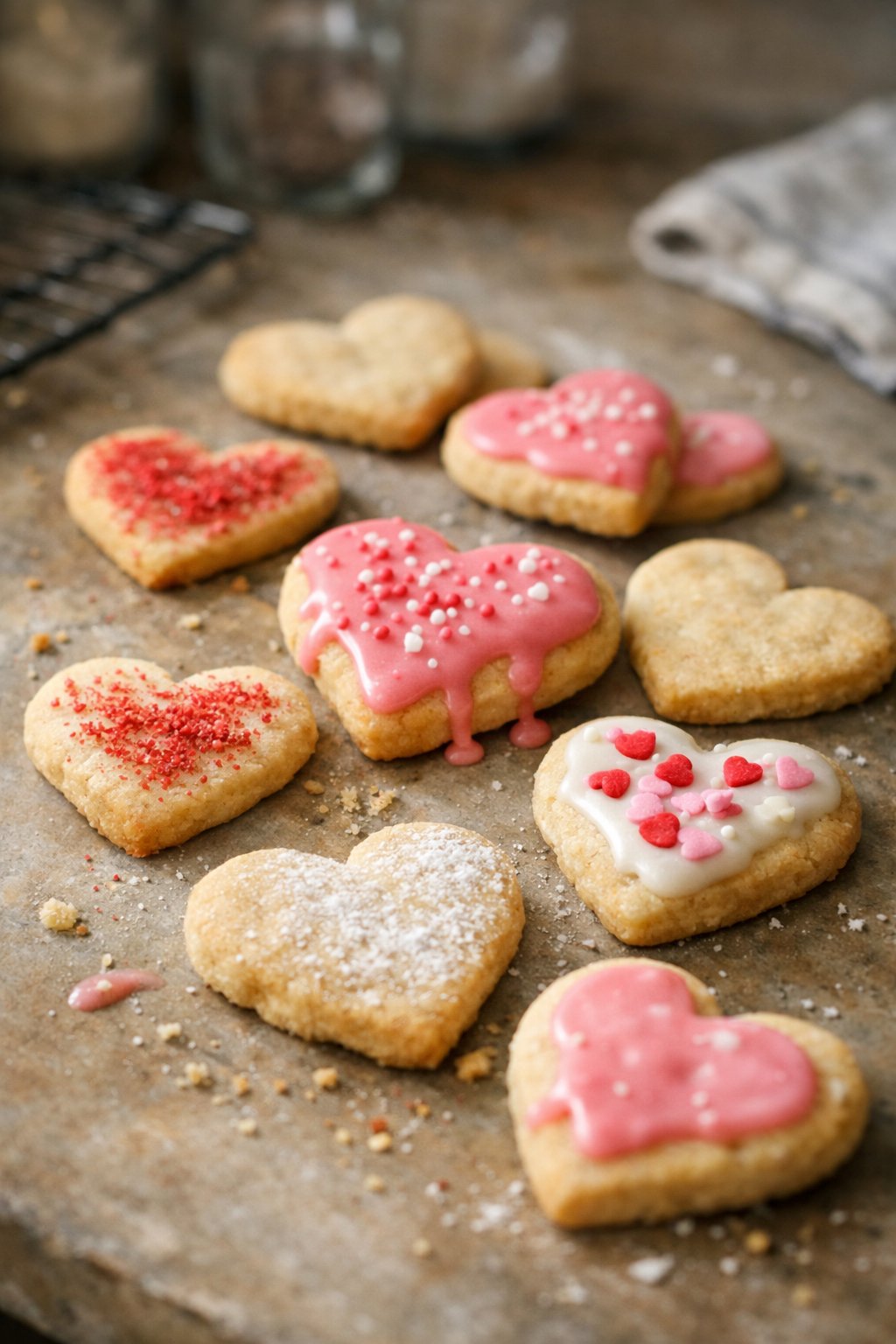 Heart-shaped sugar cookies casually arranged on a worn wooden surface in a home kitchen, softly lit by natural window light from the side.