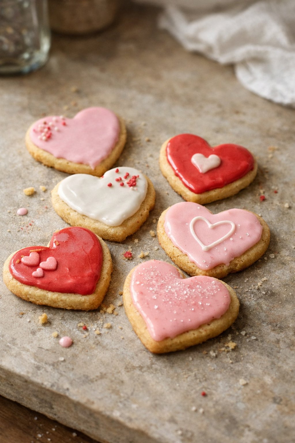 Six heart-shaped sugar cookies with pastel decorations arranged on a worn wooden surface in a home kitchen with soft side lighting.