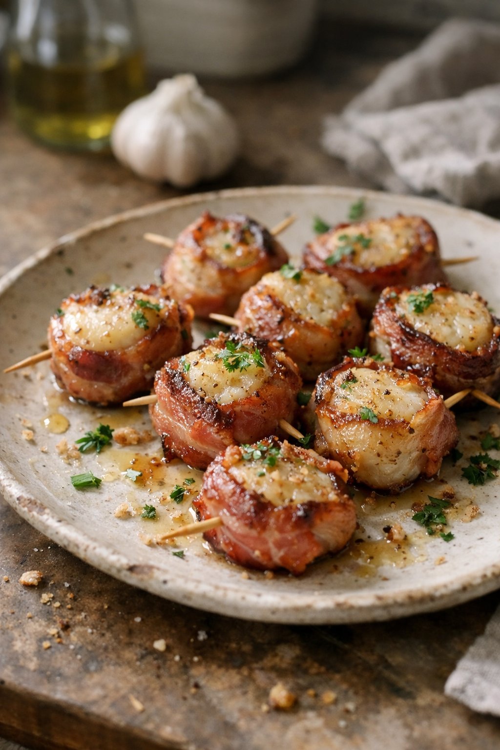 A plate of bacon-wrapped scallops on a worn wooden surface in a home kitchen, lit by soft window light from the side.