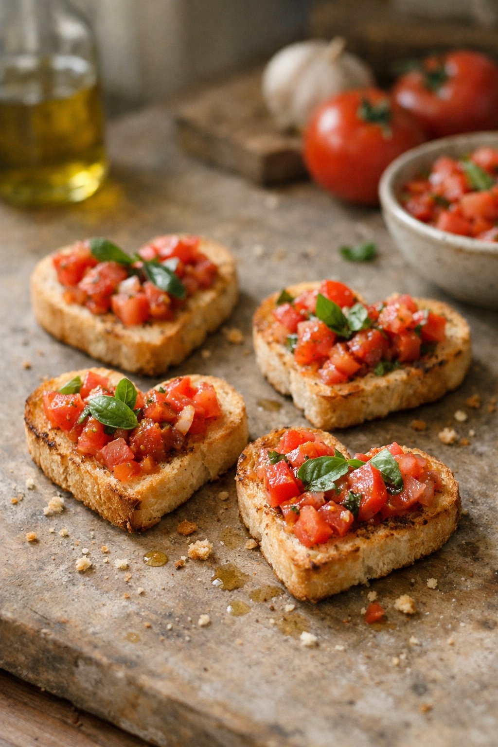 Heart-shaped bruschetta topped with tomato and basil on a worn wooden surface in a home kitchen.