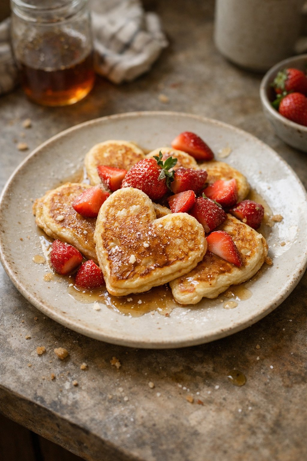 Heart-shaped pancakes topped with fresh strawberries on a plate resting on a wooden surface in a home kitchen.