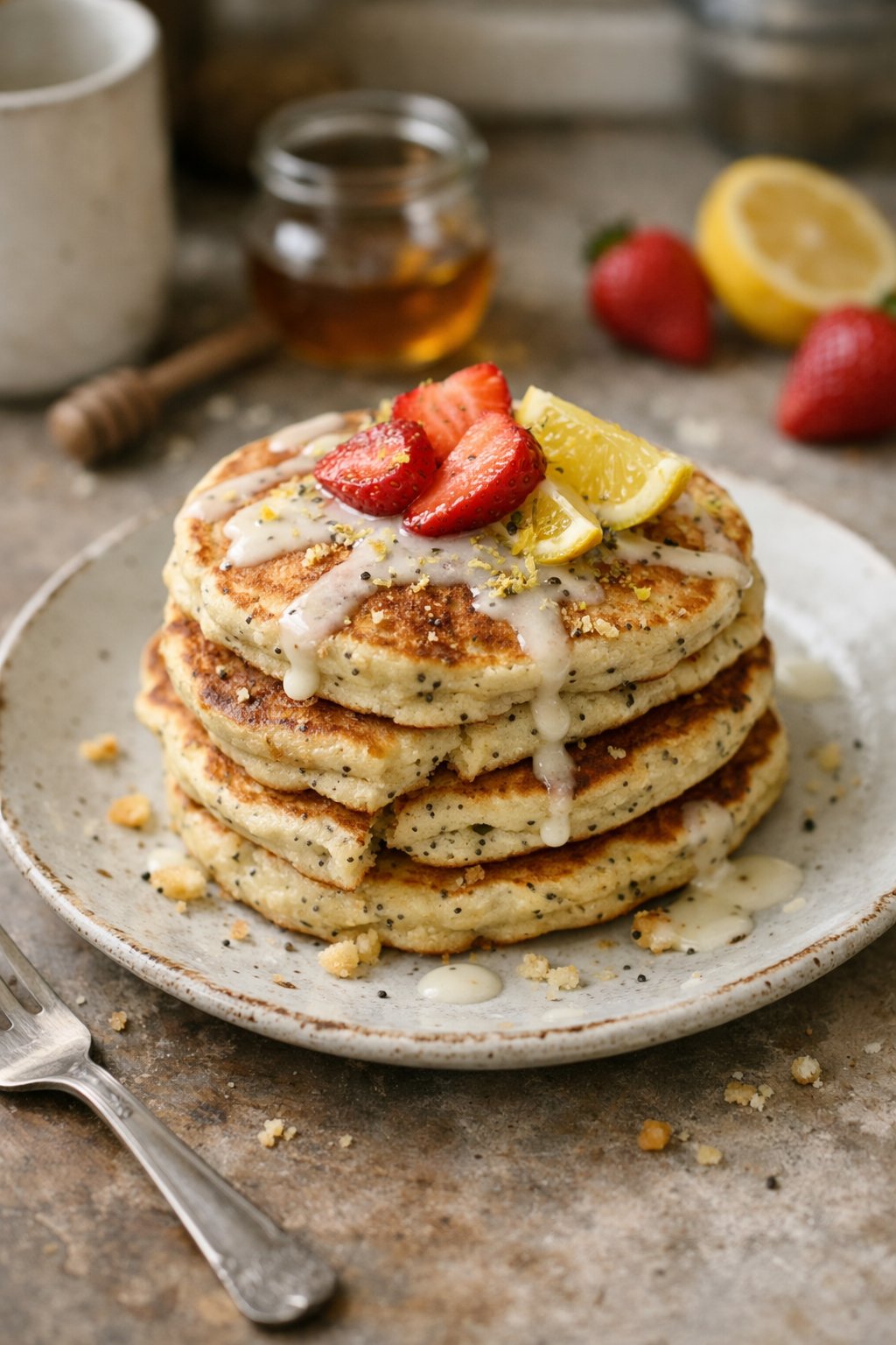A plate of lemon poppy seed pancakes on a worn wooden surface in a home kitchen, softly lit by natural window light with crumbs and sauce drips visible.