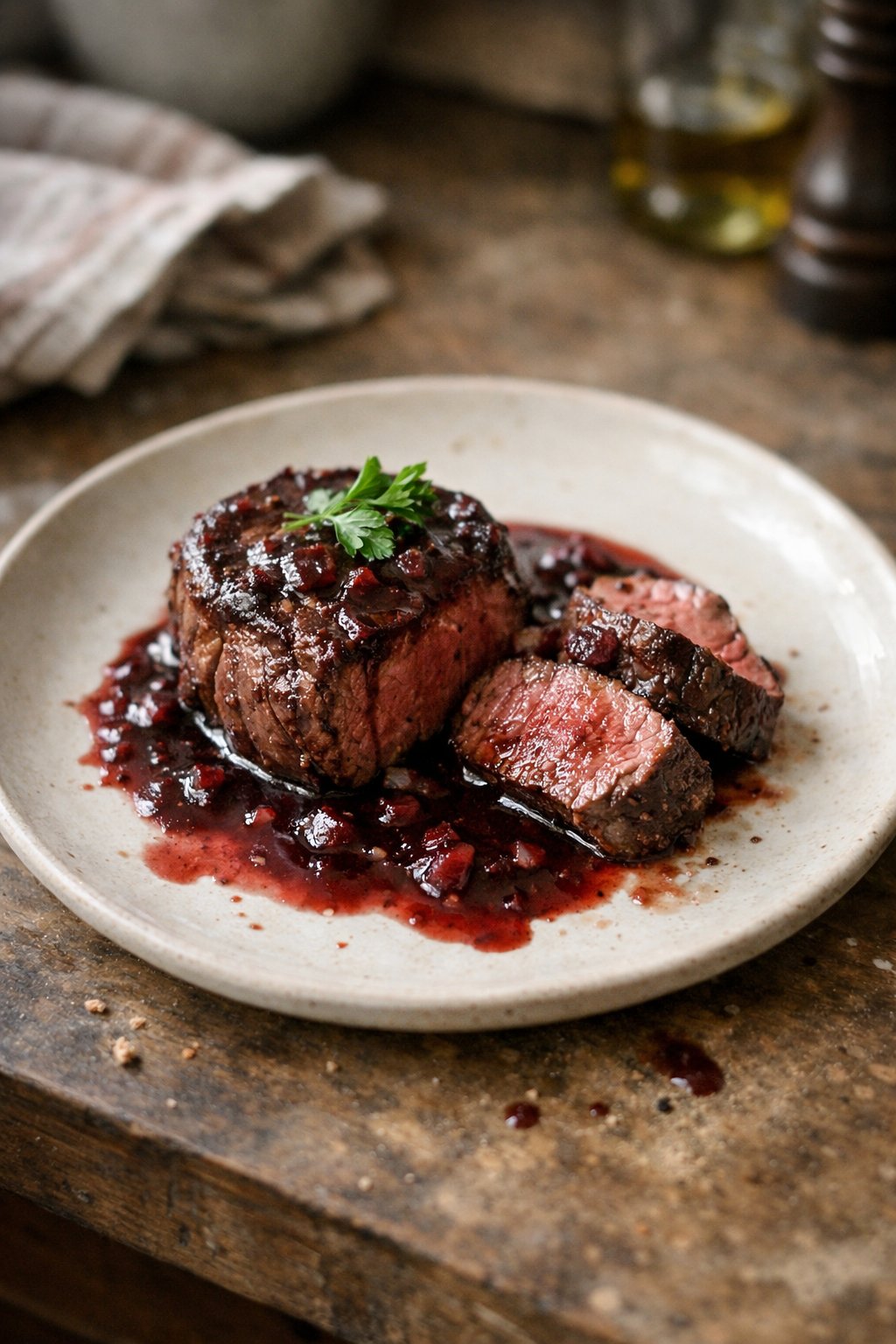 A plate of filet mignon with red wine reduction sauce on a worn wooden surface in a home kitchen, lit by natural window light from the side.