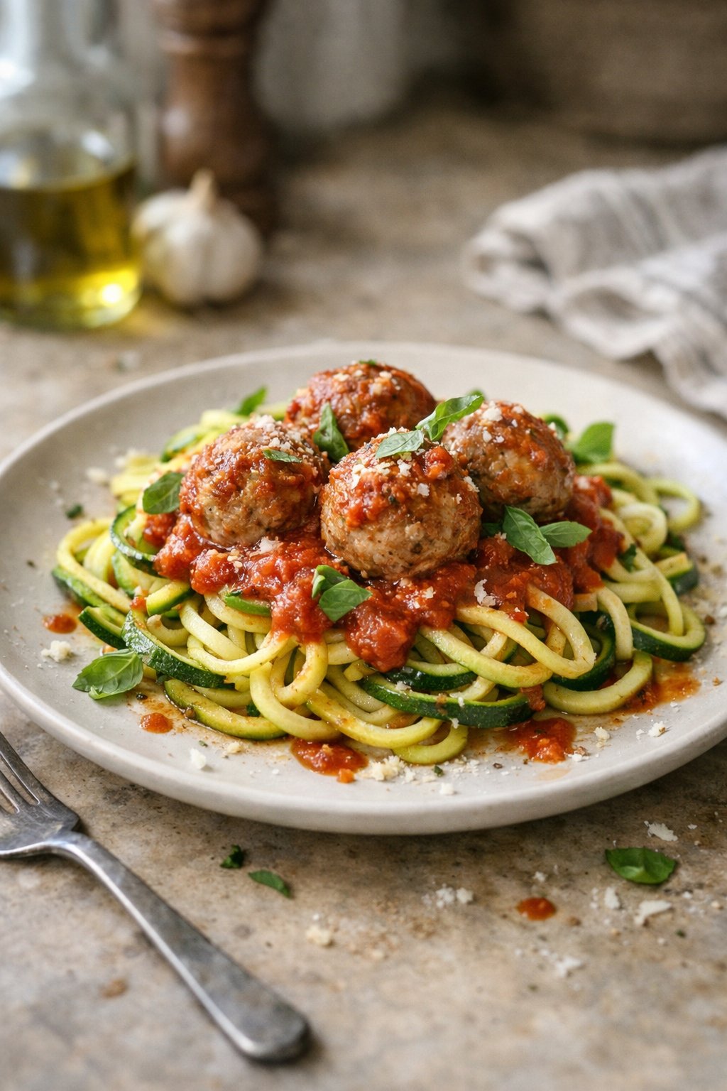 A plate of zucchini noodles with marinara sauce and turkey meatballs on a worn wooden surface in a home kitchen, softly lit by window light from the side.