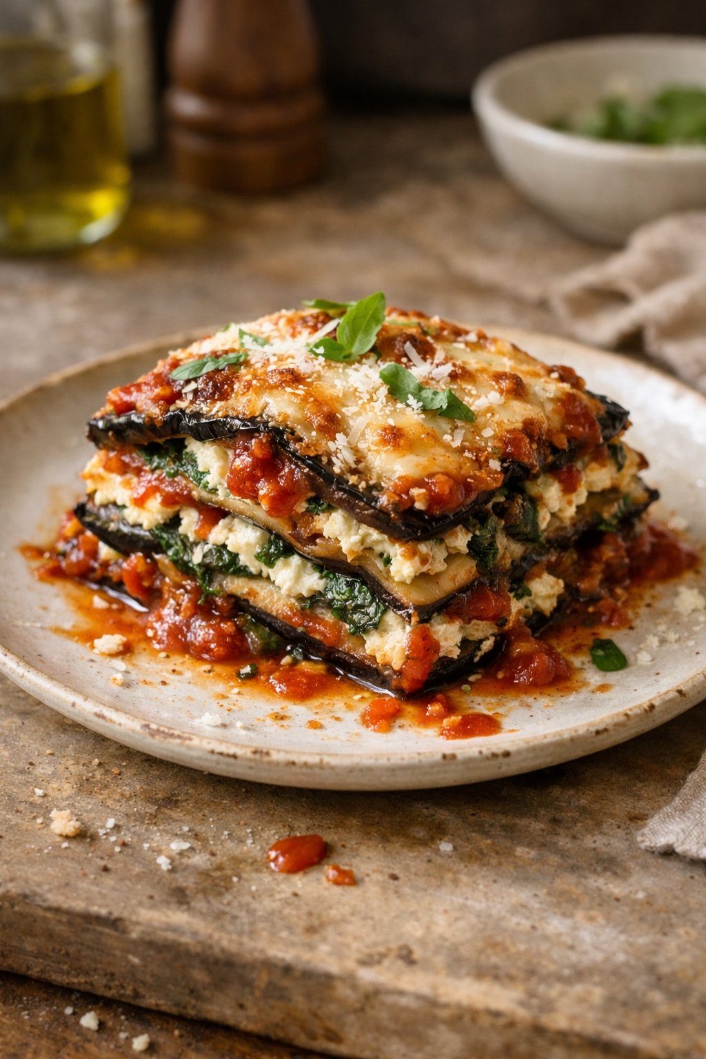 A plate of eggplant lasagna with ricotta and spinach on a worn wooden surface in a home kitchen, softly lit by window light from the side.