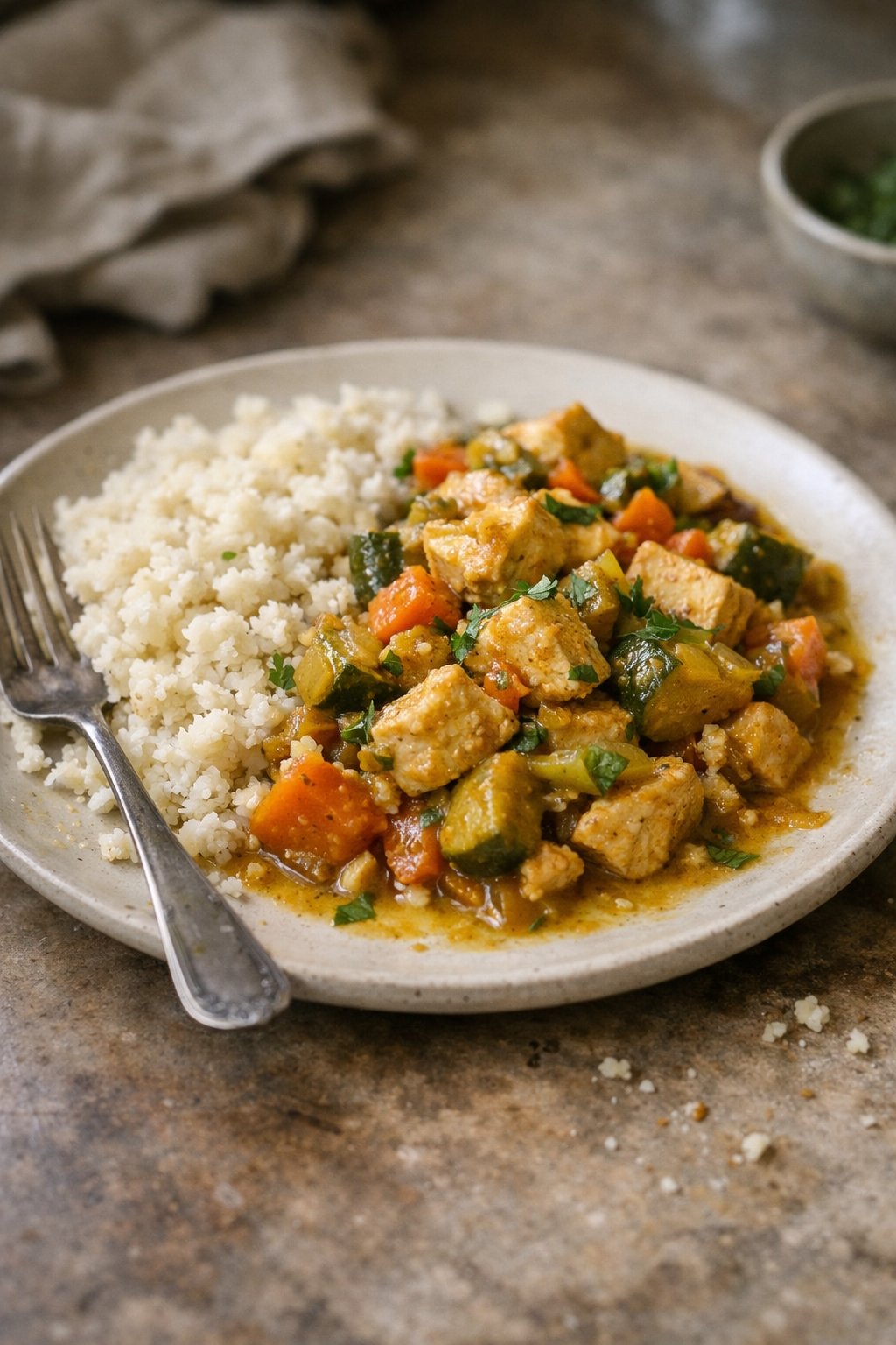 A plate of chicken and vegetable curry with cauliflower rice on a worn wooden surface in a home kitchen.