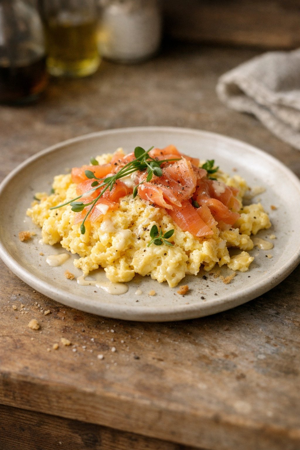 A plate of scrambled eggs with smoked salmon on a wooden surface in a home kitchen, softly lit by natural window light from the side.
