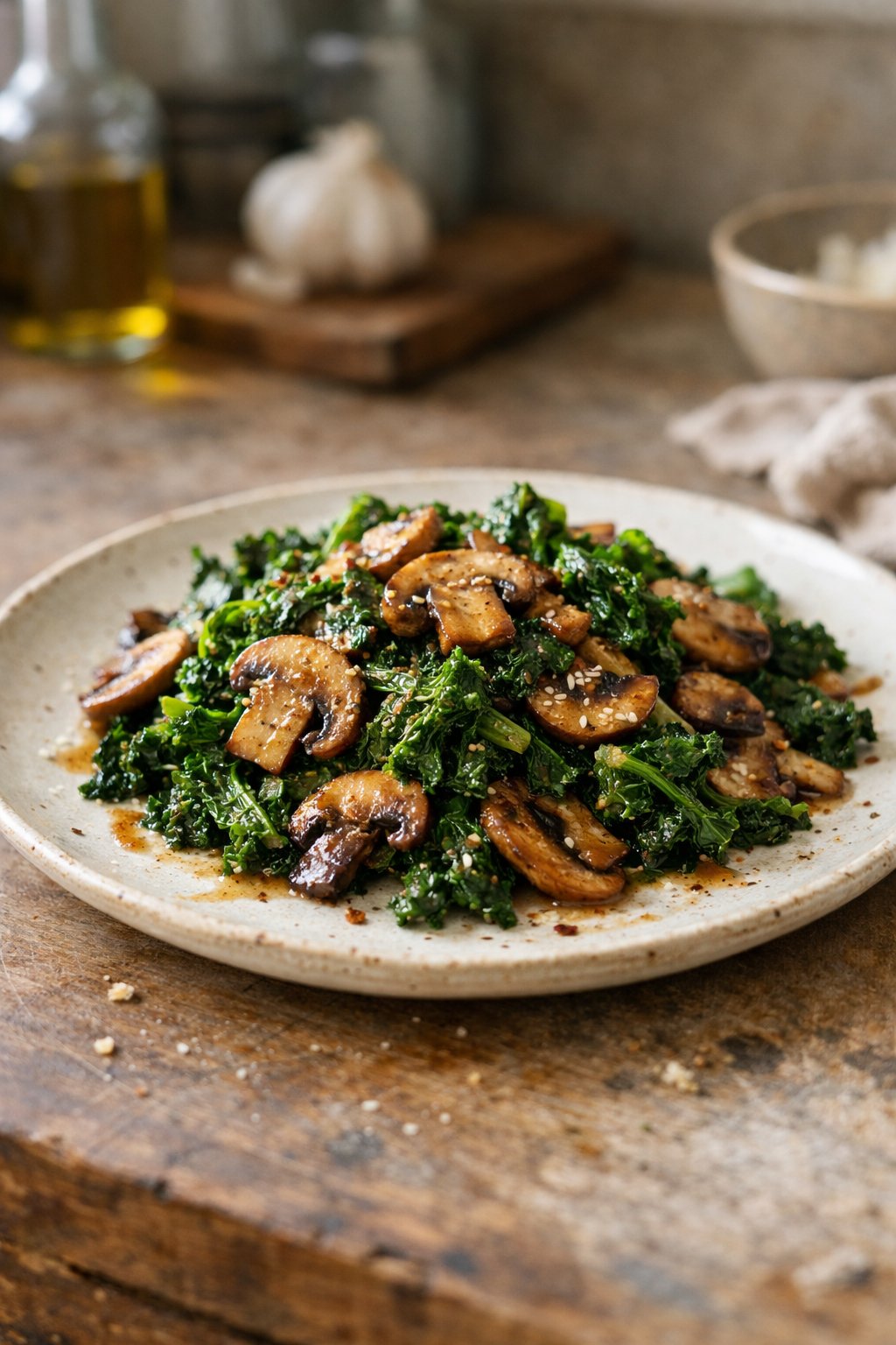 A plate of sautéed kale and mushrooms on a worn wooden surface in a home kitchen, lit by soft window light from the side.