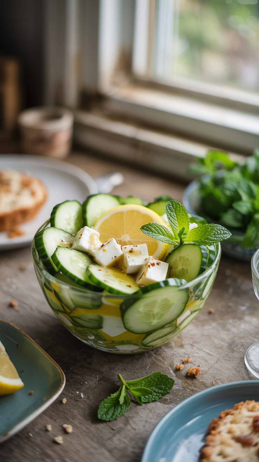 A bowl of cucumber and feta salad with lemon slices and mint leaves