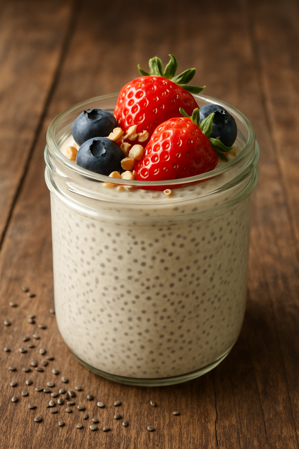 Creamy Vanilla Chia Seed Pudding Recipe Creamy vanilla chia seed pudding in a jar topped with fresh berries and nuts on a wooden table.
