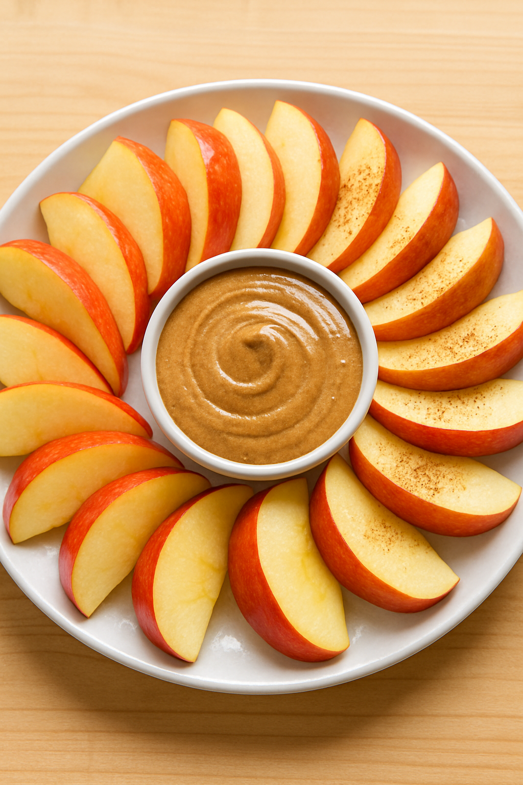 Apple Slices with Almond Butter Recipe Apple slices with almond butter on a plate, garnished with cinnamon, on a wooden table.