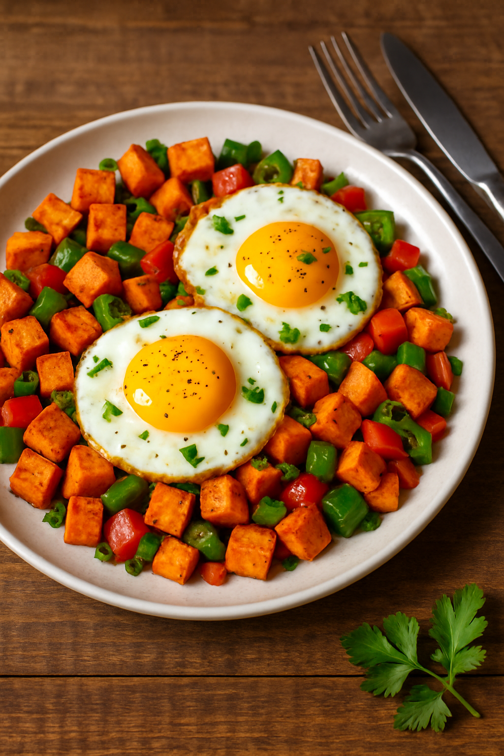 Roasted Sweet Potato and Egg Hash Recipe A hearty breakfast plate with roasted sweet potato and egg hash, topped with sunny-side-up eggs and garnished with parsley.