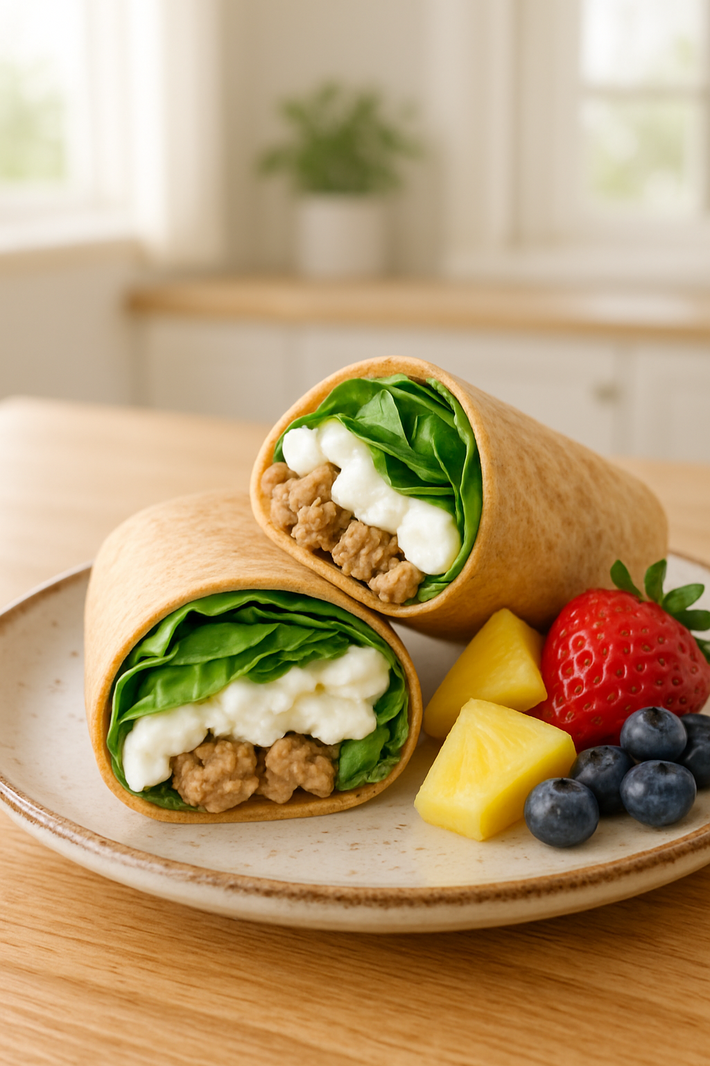 Turkey Sausage and Egg White Breakfast Wraps Turkey sausage and egg white breakfast wrap cut in half, served with fresh fruit on a rustic plate.