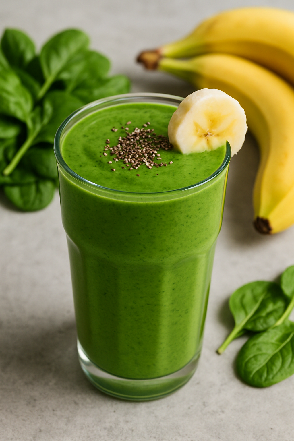 Protein-Packed Green Smoothie Recipe A green smoothie in a glass, garnished with banana and chia seeds, surrounded by fresh spinach and bananas.