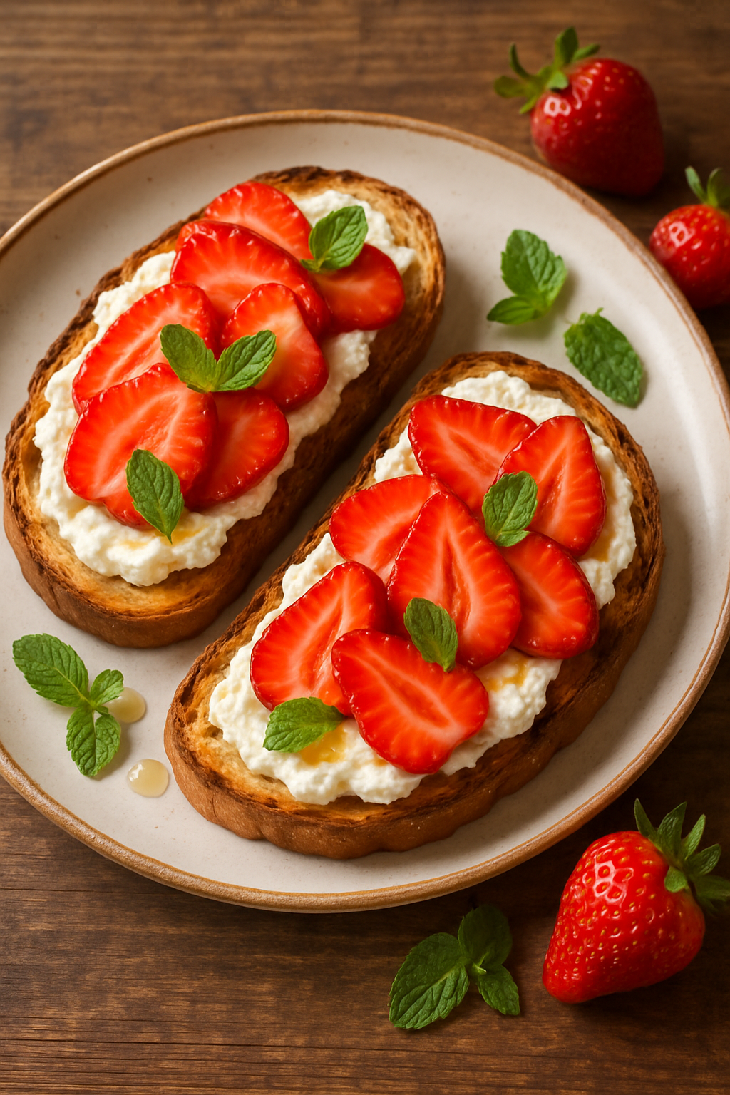 Ricotta and Strawberry Toast Recipe Ricotta and strawberry toast on a plate, topped with honey and mint, on a rustic wooden table.