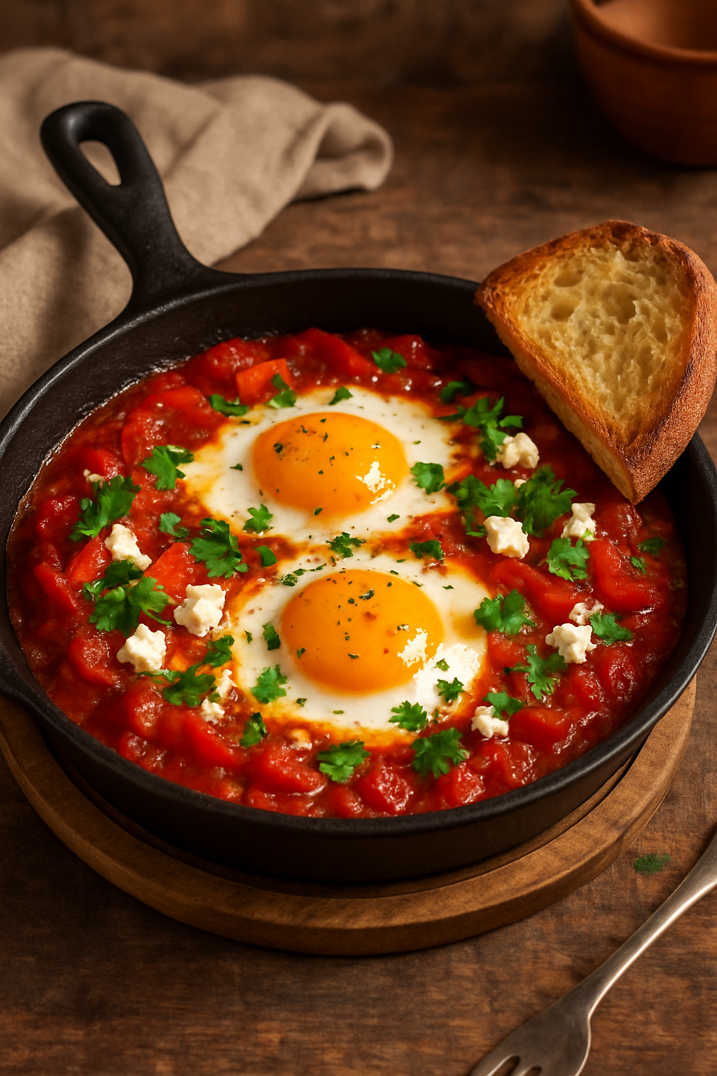 Easy Single-Serve Shakshuka Recipe Single-serve shakshuka with poached eggs in tomato sauce, garnished with parsley and feta, served with bread.