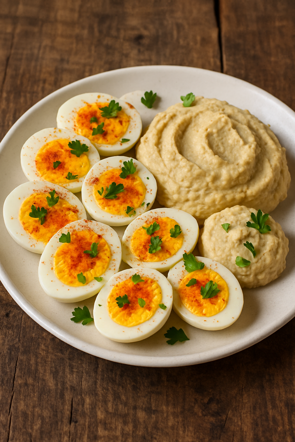 Hard-Boiled Eggs with Hummus Recipe Sliced hard-boiled eggs with hummus, garnished with paprika and parsley on a rustic table.